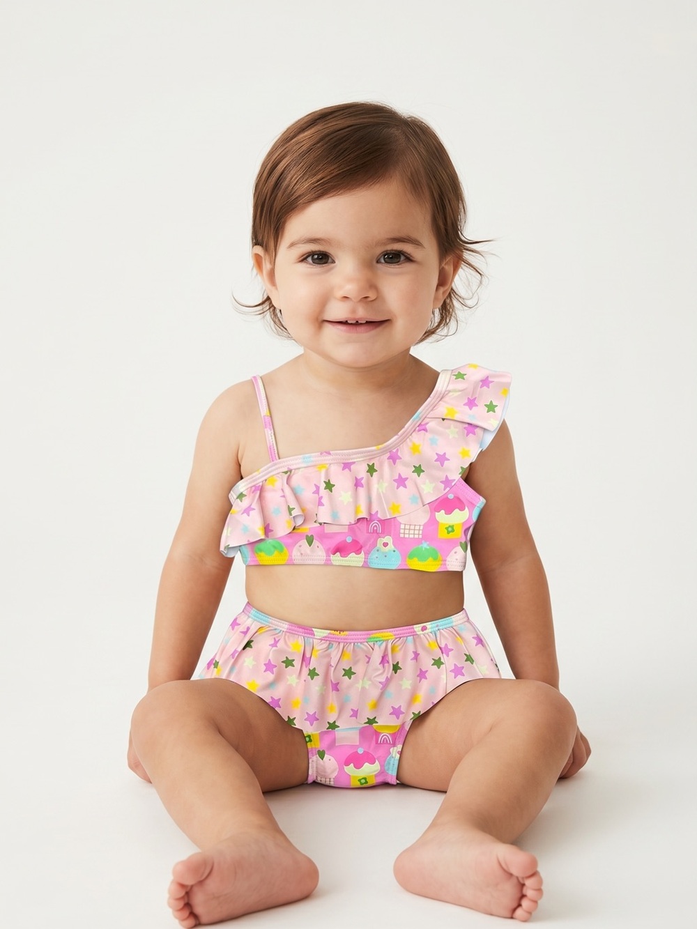Pete + Lucy - NWT -  Girls' Pink One-Shoulder Ruffle Bikini Set